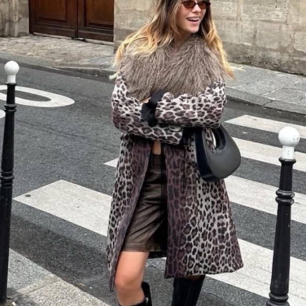 Leopard Print Faux Fur-Trim Trench Coat - Brown